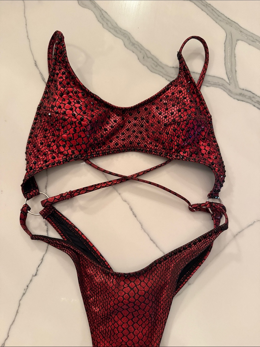 Red Snake-Print Strappy Women's Swim Set